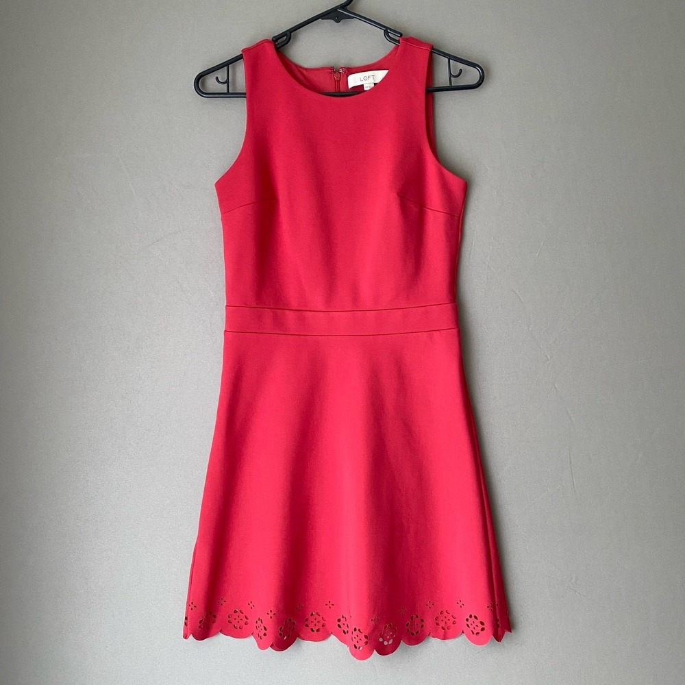 LOFT sz 00P Hot Pink Sleeveless Fit & Flare Dress Eyelet Hem Petite Scallop Trim
